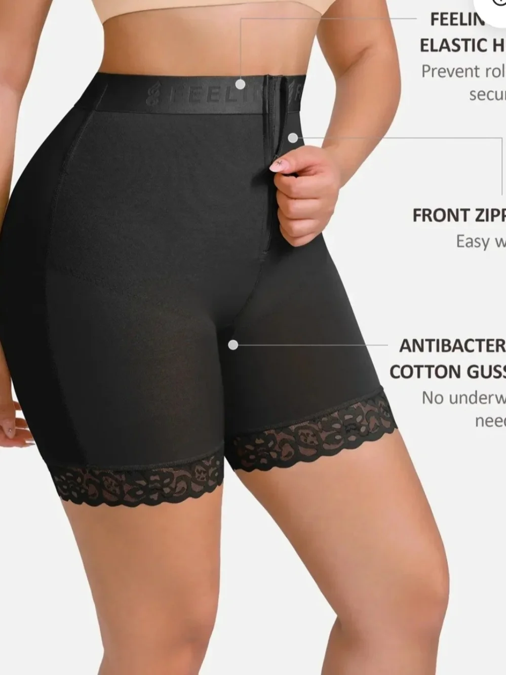 High-Waist Black Lace-Trim Shaping Shorts by FIELING Size M